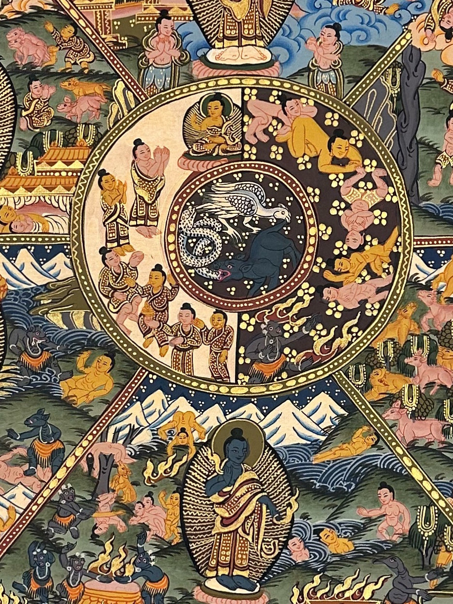 Wheel of Life thangka, 63×81 cm: brown Yama holding the Wheel of Life, with a Buddha in each of the six realms