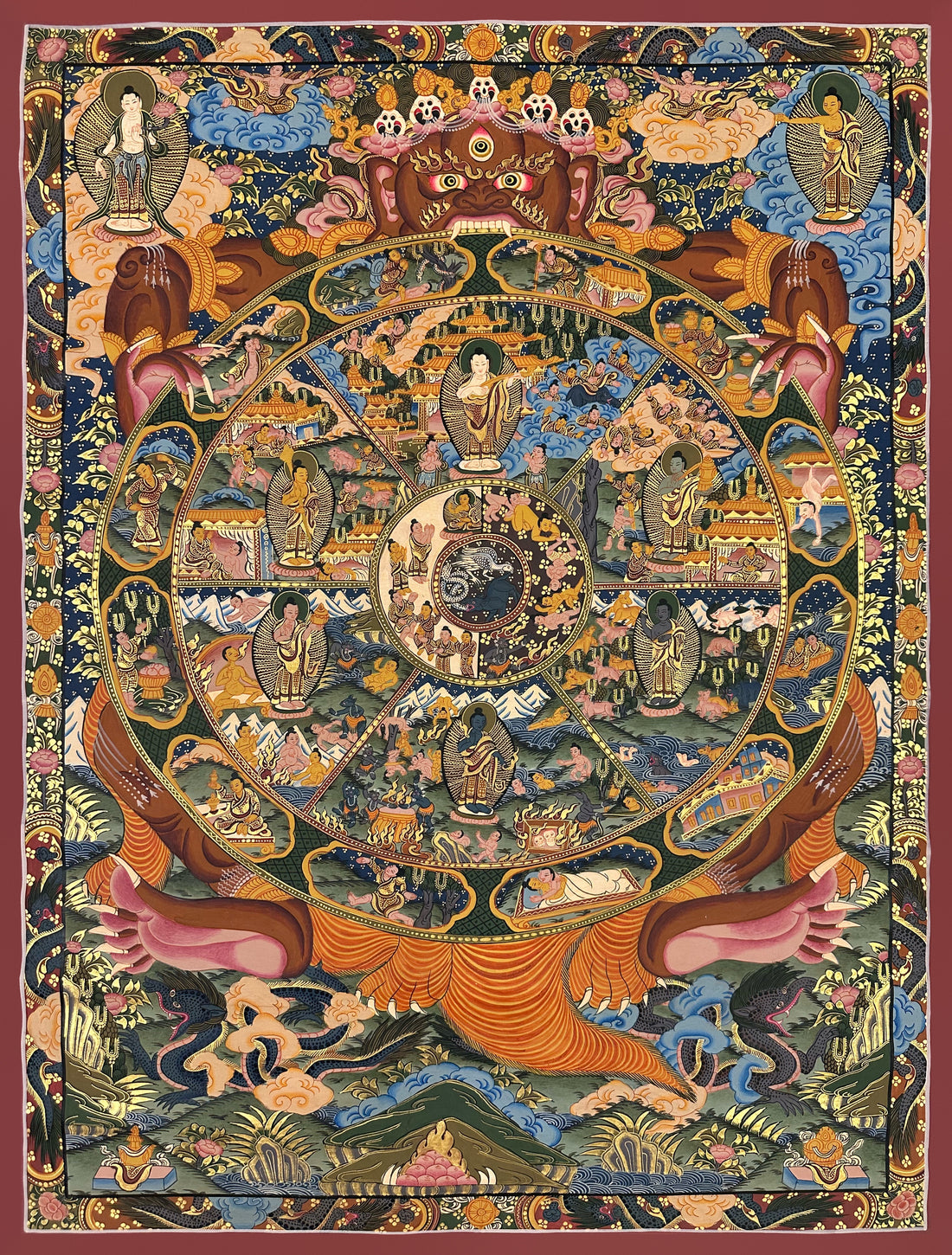 Wheel of Life thangka, 63×81 cm: brown Yama holding the Wheel of Life, with a Buddha in each of the six realms