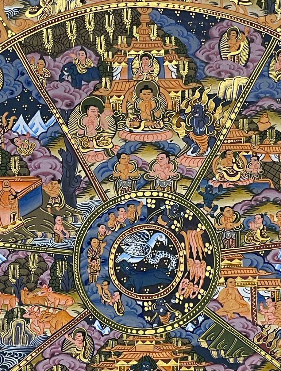 Wheel of Life thangka, 63×82 cm: brown Yama holding the Wheel of Life on a dark blue ground, framed by a border of dragons
