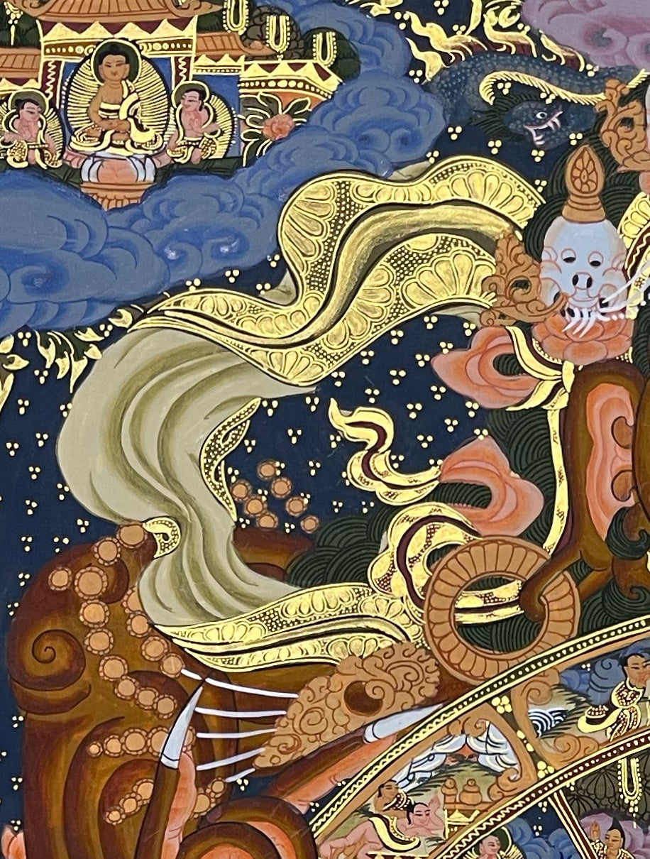 Wheel of Life thangka, detail: top-left corner