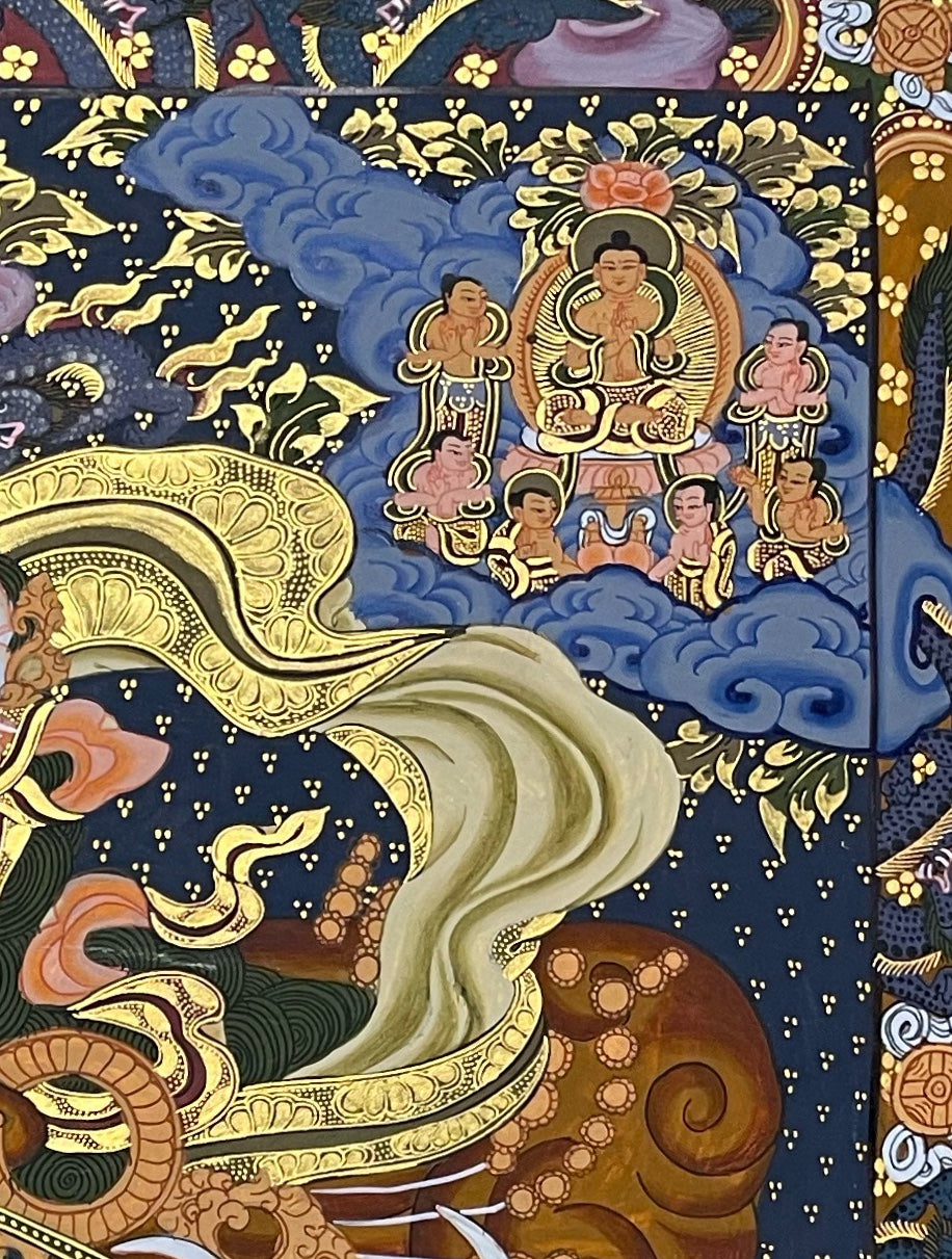 Wheel of Life thangka, detail: top-right corner