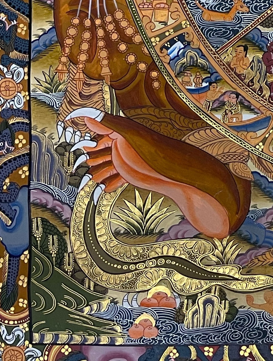 Wheel of Life thangka, detail: bottom-left corner