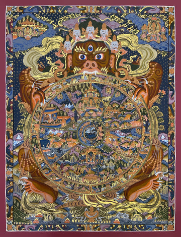 Wheel of Life thangka, 63×82 cm: brown Yama holding the Wheel of Life on a dark blue ground, framed by a border of dragons