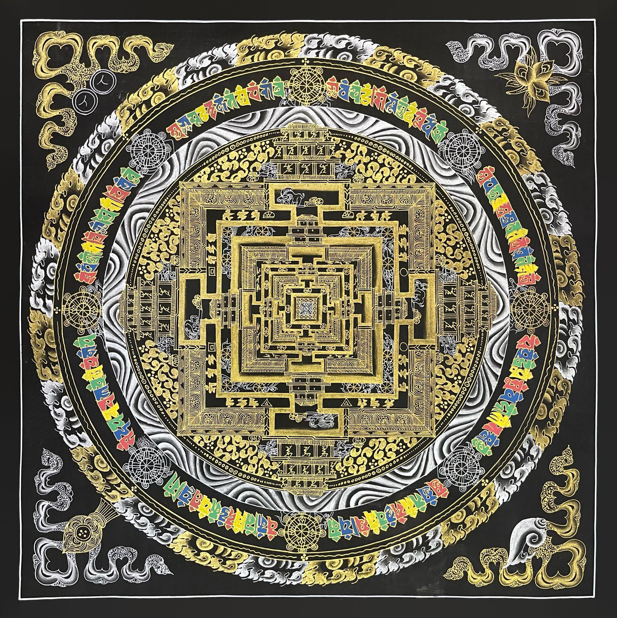 Kalachakra Mandala thangka, 56×56 cm: Kalachakra palace mandala in gold-coloured line work on black, with multicoloured syllables