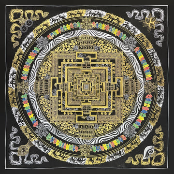 Kalachakra Mandala thangka, 56×56 cm: Kalachakra palace mandala in gold-coloured line work on black, with multicoloured syllables