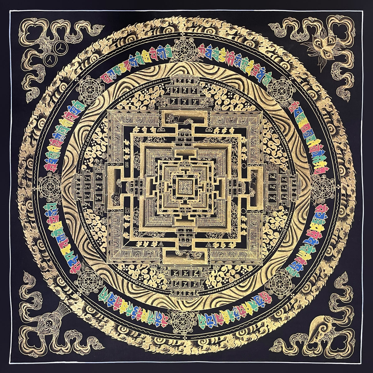 Kalachakra Mandala thangka, 56×56 cm: Kalachakra palace mandala in gold-coloured line work on black, with a ring of coloured syllables