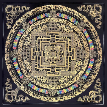 Kalachakra Mandala thangka, 56×56 cm: Kalachakra palace mandala in gold-coloured line work on black, with a ring of coloured syllables