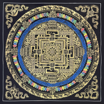 Kalachakra Mandala thangka, 56×56 cm: Kalachakra palace mandala in gold-coloured line work on black, with a blue ring of water and multicoloured syllables