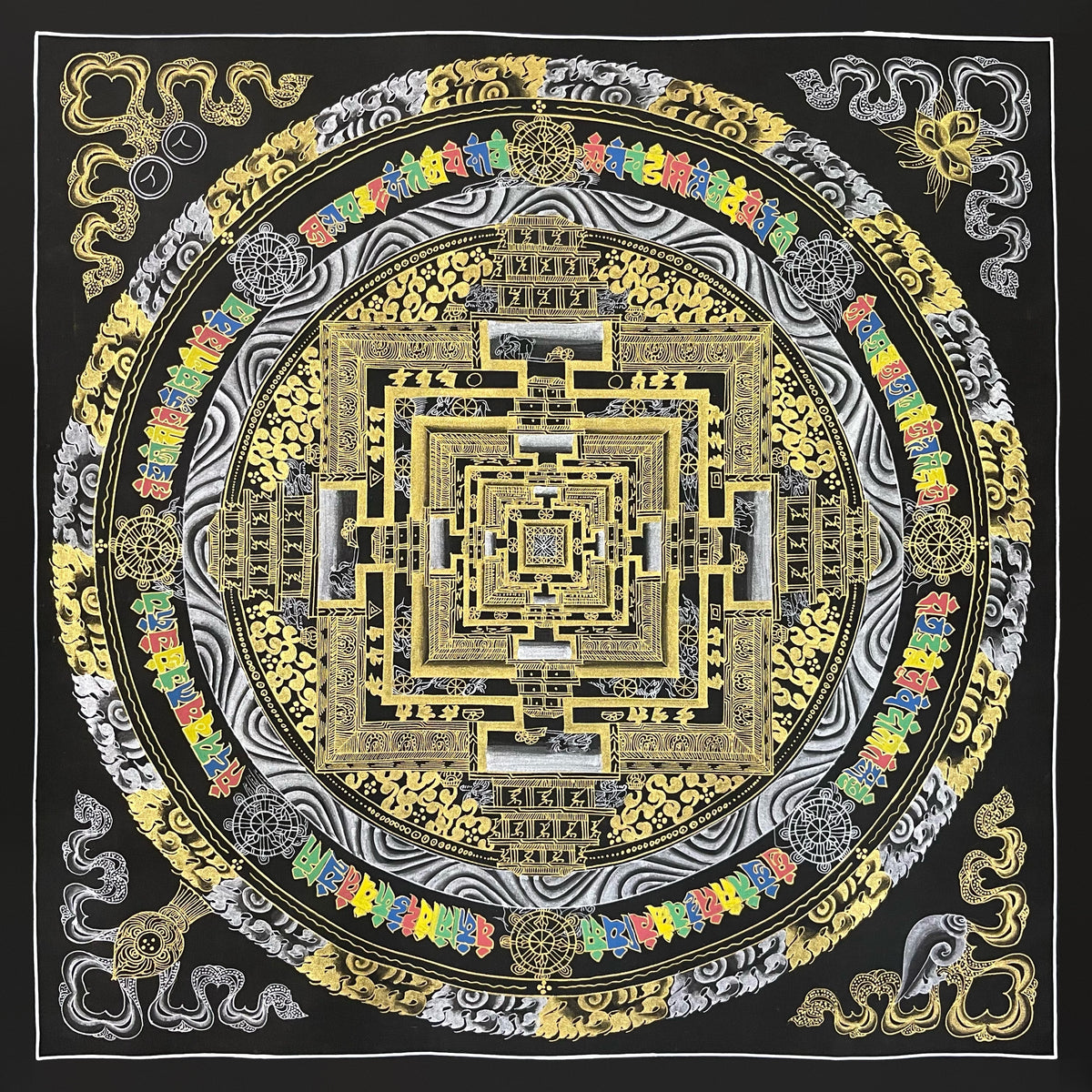 Kalachakra Mandala thangka, 56×56 cm: Kalachakra palace mandala in gold-coloured line work on black, with silver-coloured waves and a ring of coloured mantra syllables