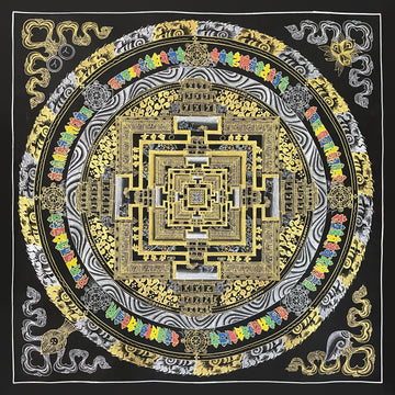 Kalachakra Mandala thangka, 56×56 cm: Kalachakra palace mandala in gold-coloured line work on black, with silver-coloured waves and a ring of coloured mantra syllables