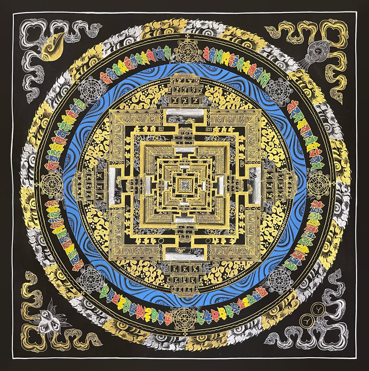 Kalachakra Mandala thangka, 56×56 cm: Kalachakra palace mandala in gold-coloured line work on black, with a blue ring of water