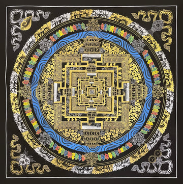 Kalachakra Mandala thangka, 56×56 cm: Kalachakra palace mandala in gold-coloured line work on black, with a blue ring of water