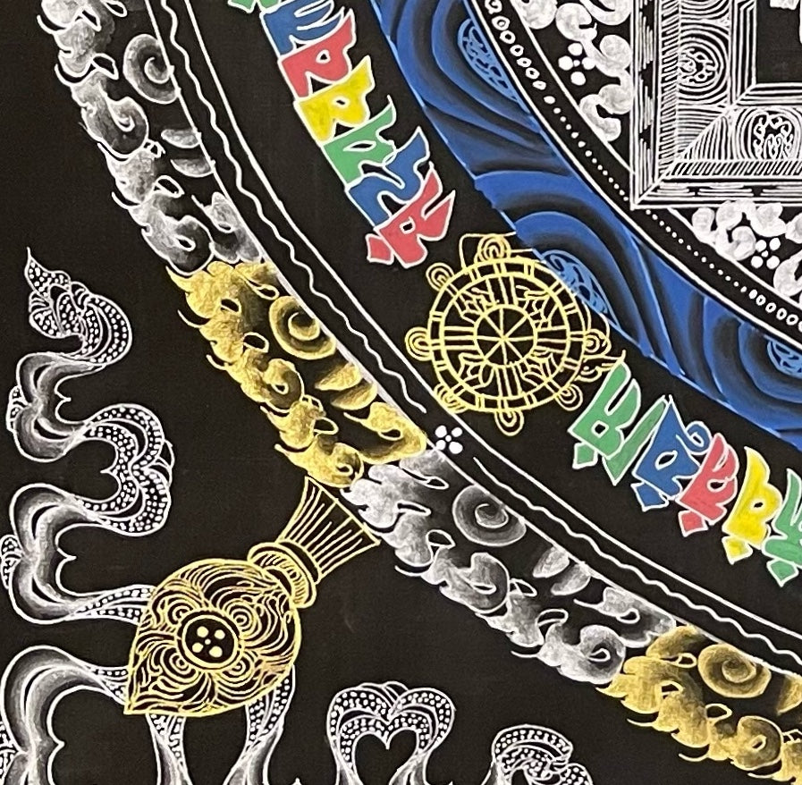 Kalachakra Mandala thangka, detail: bottom-left corner