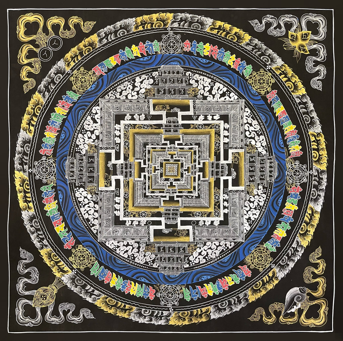 Kalachakra Mandala thangka, 56×56 cm: Kalachakra palace mandala in white line work on black, with gold-coloured walls