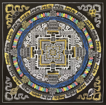 Kalachakra Mandala thangka, 56×56 cm: Kalachakra palace mandala in white line work on black, with gold-coloured walls