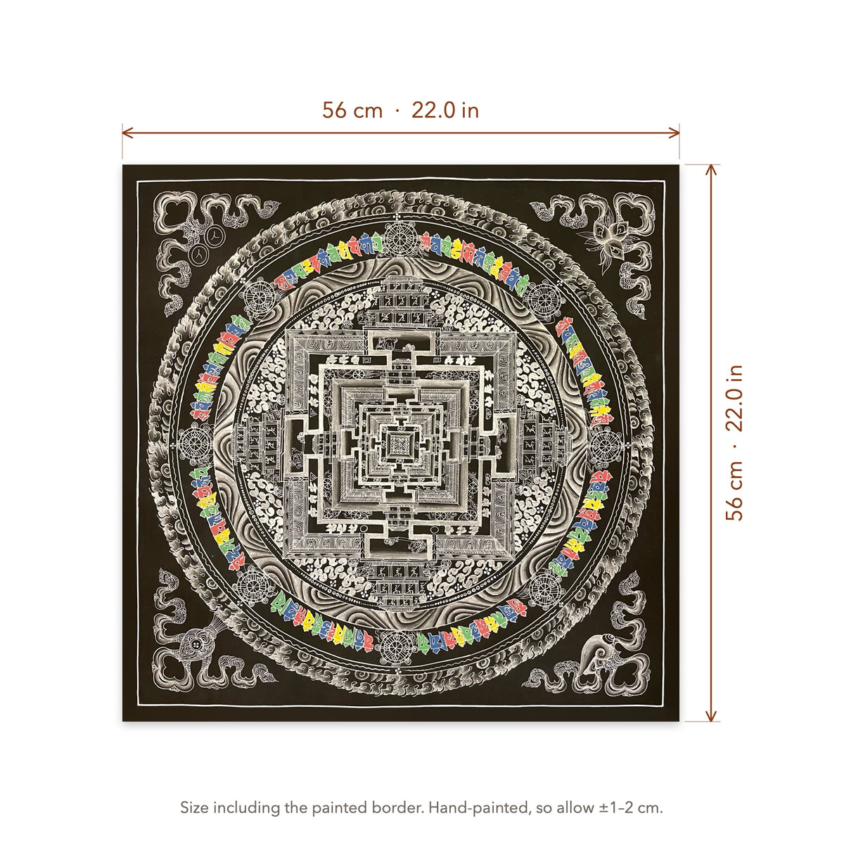 Size diagram: 56 × 56 cm (22.0 × 22.0 in), including the painted border
