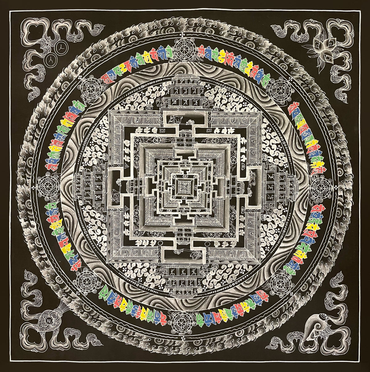 Kalachakra Mandala thangka, 56×56 cm: Kalachakra palace mandala in white line work on black, with a ring of coloured syllables