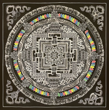 Kalachakra Mandala thangka, 56×56 cm: Kalachakra palace mandala in white line work on black, with a ring of coloured syllables
