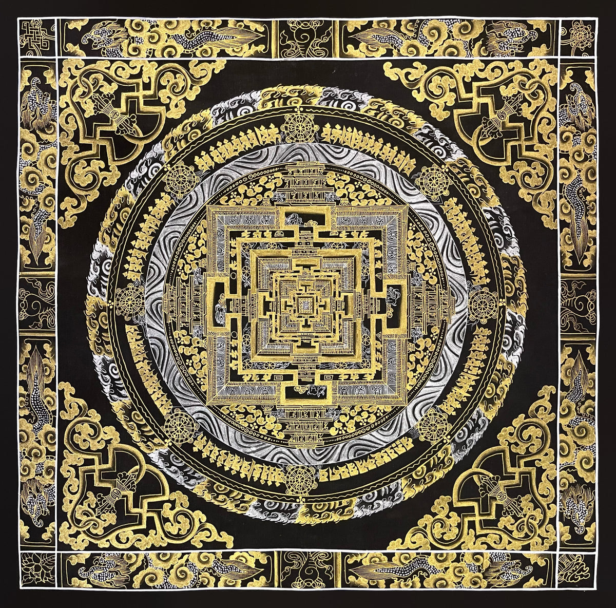 Kalachakra Mandala thangka, 56×56 cm: Kalachakra palace mandala in gold-coloured and silver-white line work on black, with vajras in the corners