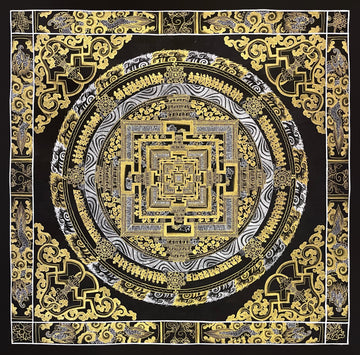 Kalachakra Mandala thangka, 56×56 cm: Kalachakra palace mandala in gold-coloured and silver-white line work on black, with vajras in the corners