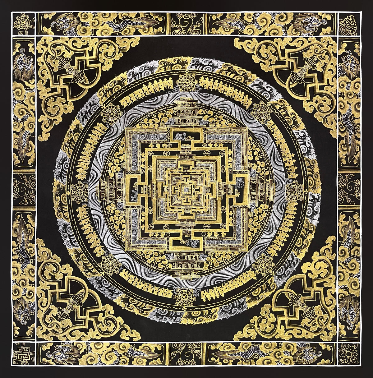 Kalachakra Mandala thangka, 56×56 cm: Kalachakra palace mandala in gold-coloured and silver-white line work on black, with vajras in the corners