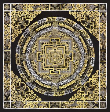 Kalachakra Mandala thangka, 56×56 cm: Kalachakra palace mandala in gold-coloured and silver-white line work on black, with vajras in the corners
