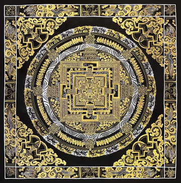 Kalachakra Mandala thangka, 56×56 cm: Kalachakra palace mandala in gold-coloured and silver-coloured line work on black, inside a border of dragons