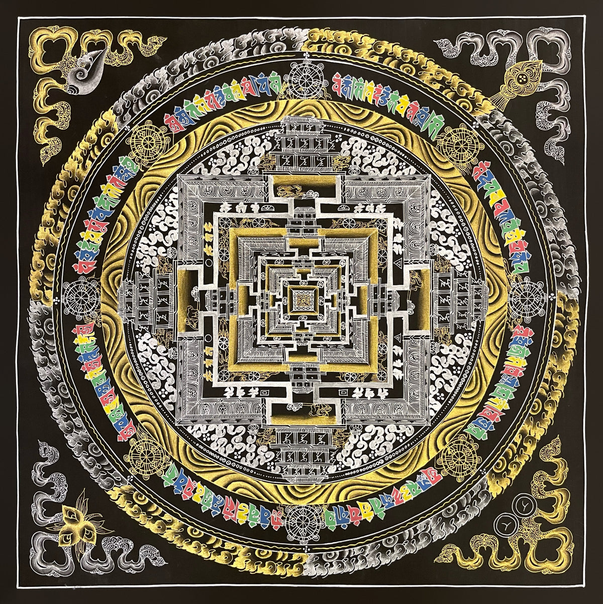 Kalachakra Mandala thangka, 56×56 cm: Kalachakra palace mandala in silver-coloured and gold-coloured line work on black, with multicoloured syllables
