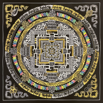 Kalachakra Mandala thangka, 56×56 cm: Kalachakra palace mandala in silver-coloured and gold-coloured line work on black, with multicoloured syllables
