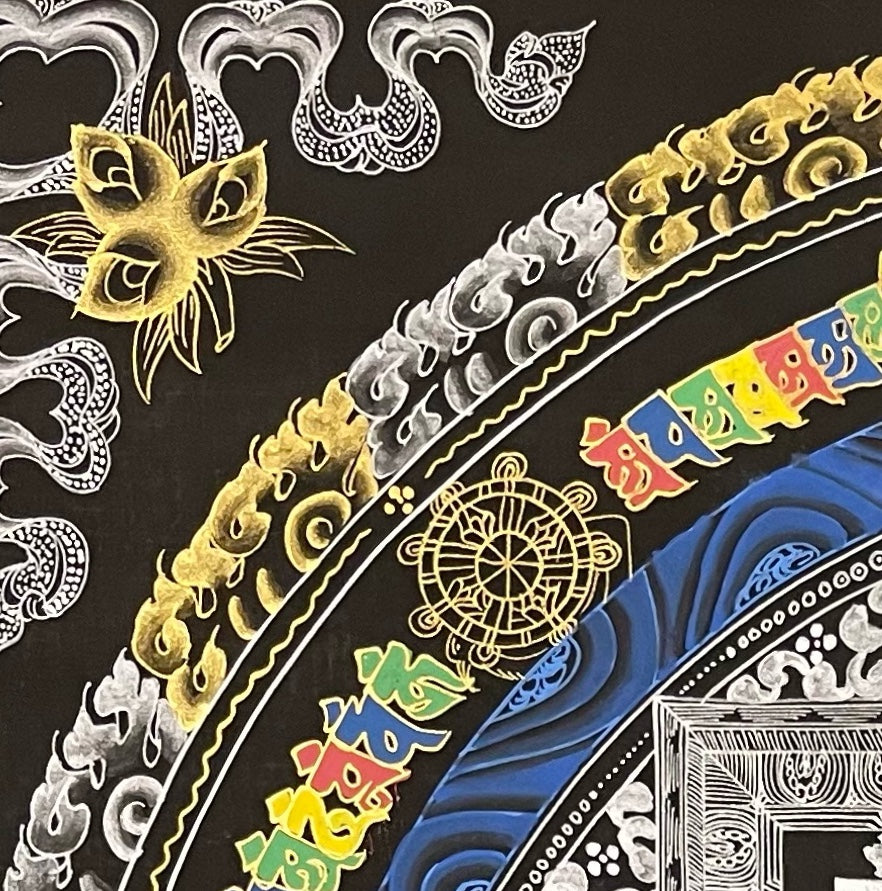 Kalachakra Mandala thangka, detail: top-left corner