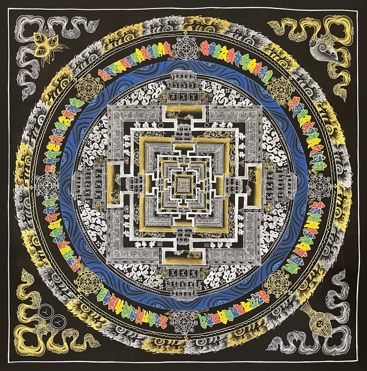 Kalachakra Mandala thangka, 56×56 cm: Kalachakra palace mandala in silver-coloured and gold-coloured line work on black, with a ring of blue waves