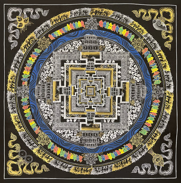 Kalachakra Mandala thangka, 56×56 cm: Kalachakra palace mandala in silver-coloured and gold-coloured line work on black, with a ring of blue waves