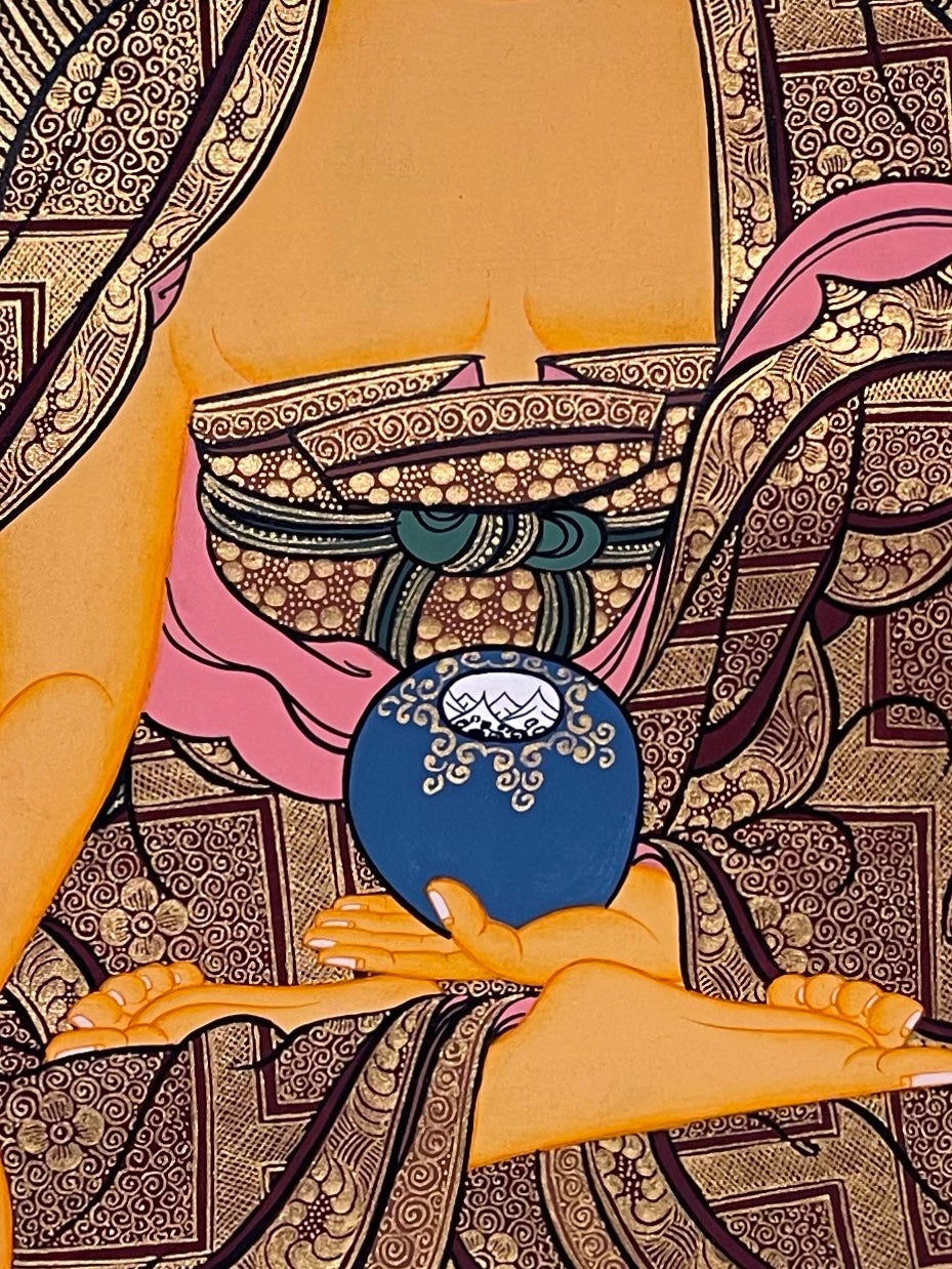 Shakyamuni Buddha thangka, 52×69 cm: Shakyamuni touching the earth on a pink lotus, among peonies and gold-coloured scrollwork