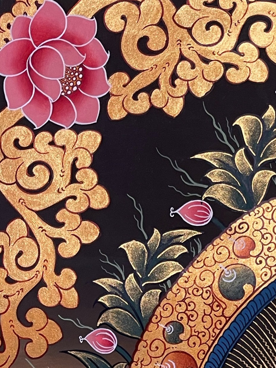 Shakyamuni Buddha thangka, detail: top-left corner