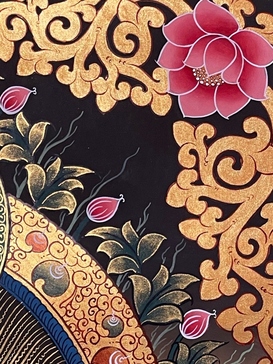 Shakyamuni Buddha thangka, detail: top-right corner