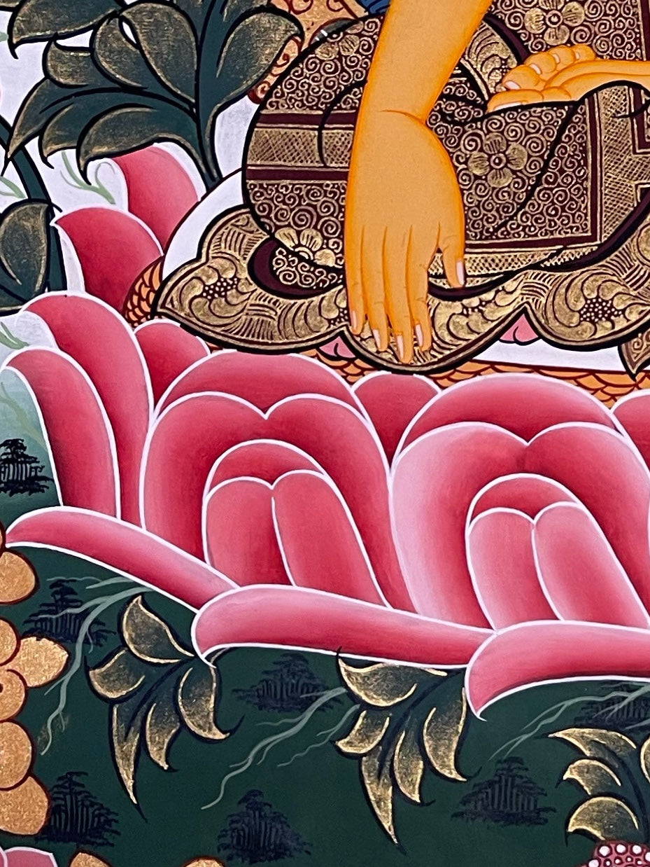 Shakyamuni Buddha thangka, detail: bottom-left corner