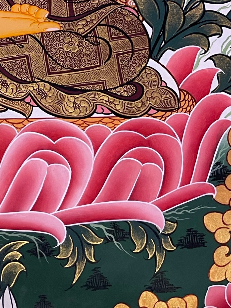 Shakyamuni Buddha thangka, detail: bottom-right corner