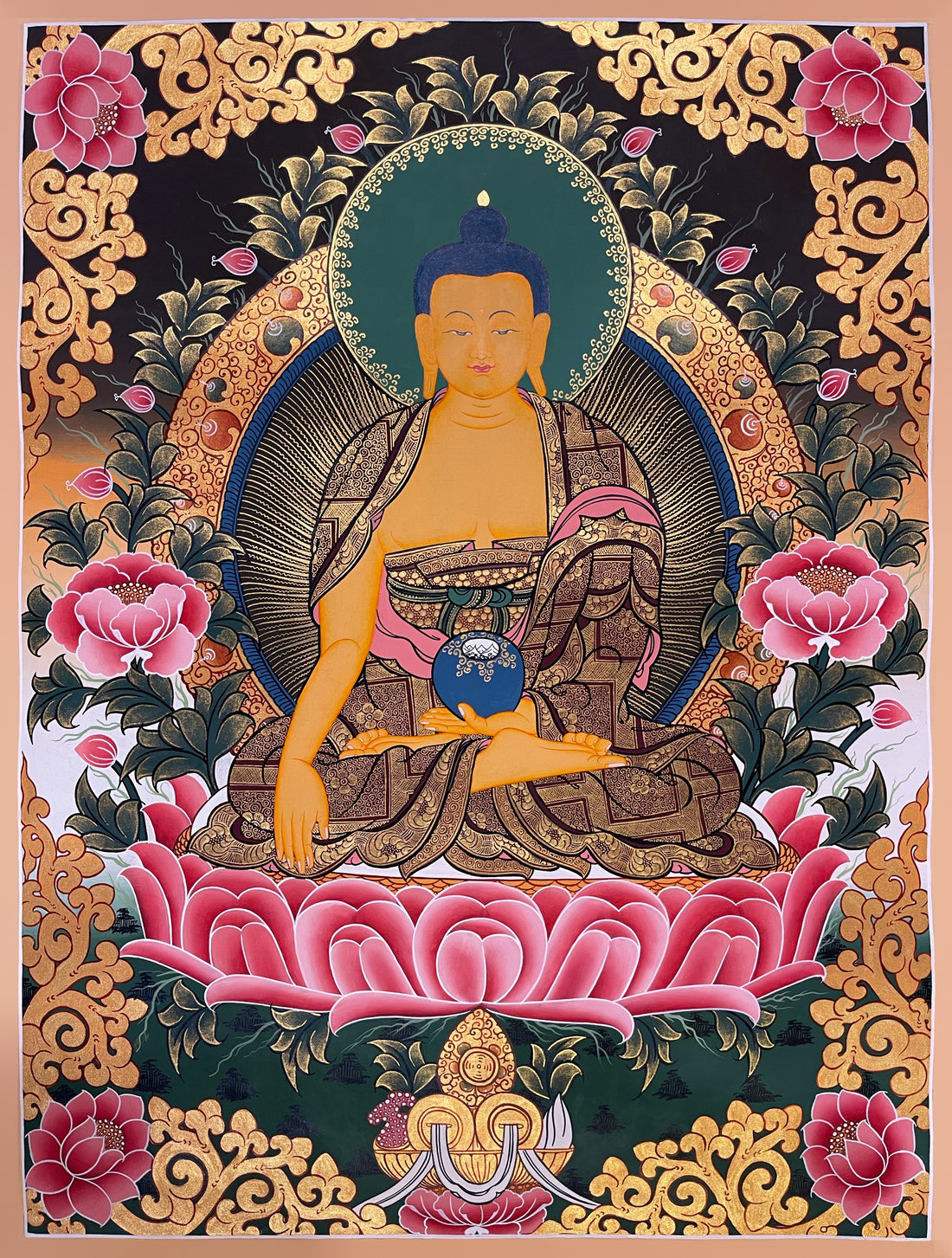 Shakyamuni Buddha thangka, 52×69 cm: Shakyamuni touching the earth on a pink lotus, among peonies and gold-coloured scrollwork
