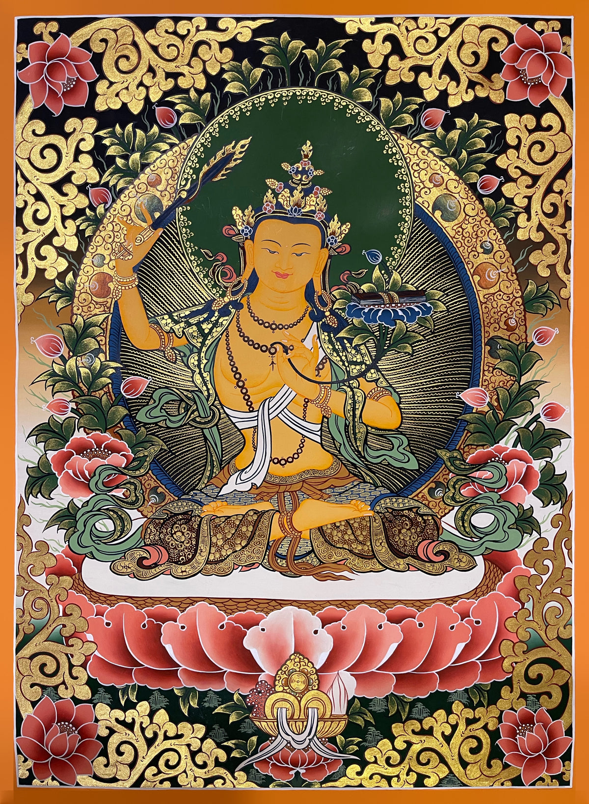 Manjushri thangka, 51×67 cm: yellow Manjushri with a flaming sword and a book on a lotus, among gold-coloured scrollwork and pink lotuses