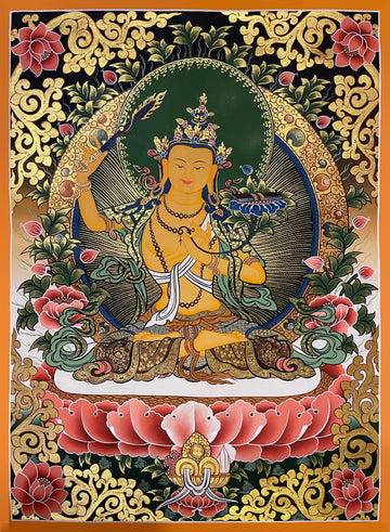 Manjushri thangka, 51×67 cm: yellow Manjushri with a flaming sword and a book on a lotus, among gold-coloured scrollwork and pink lotuses