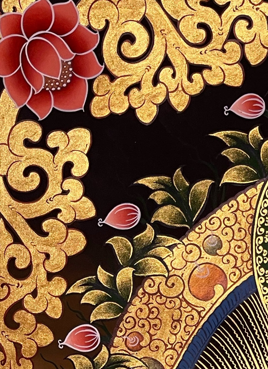 Chenrezig thangka, detail: top-left corner