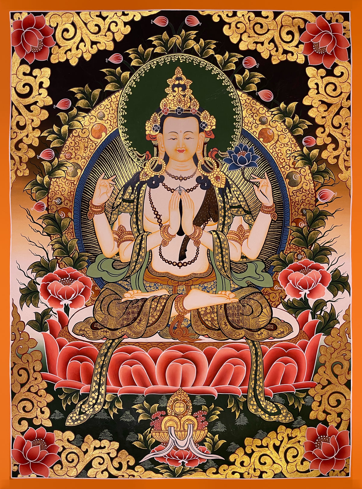 Chenrezig thangka, 51×67 cm: white four-armed Chenrezig on a red lotus among peonies and gold-coloured scrollwork