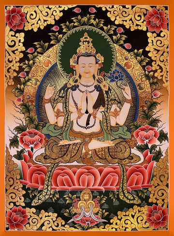 Chenrezig thangka, 51×67 cm: white four-armed Chenrezig on a red lotus among peonies and gold-coloured scrollwork