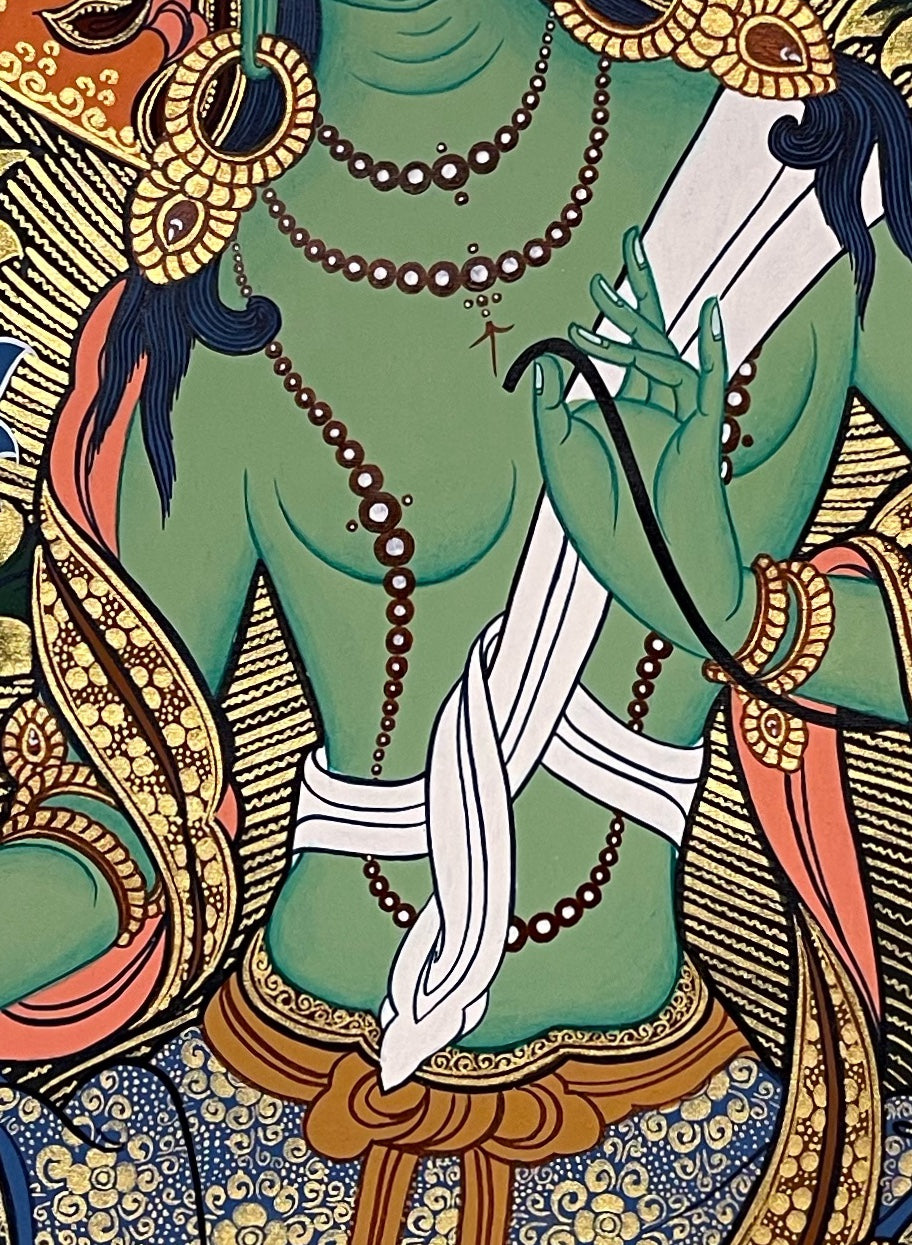 Green Tara thangka, detail: centre