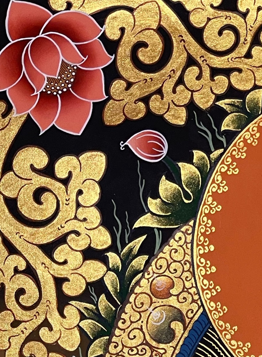 Green Tara thangka, detail: top-left corner