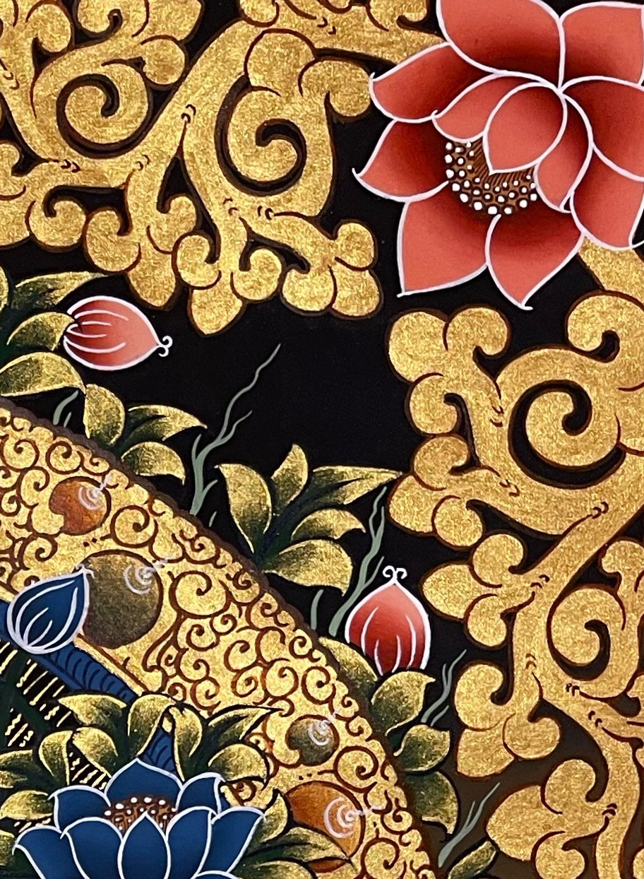 Green Tara thangka, detail: top-right corner