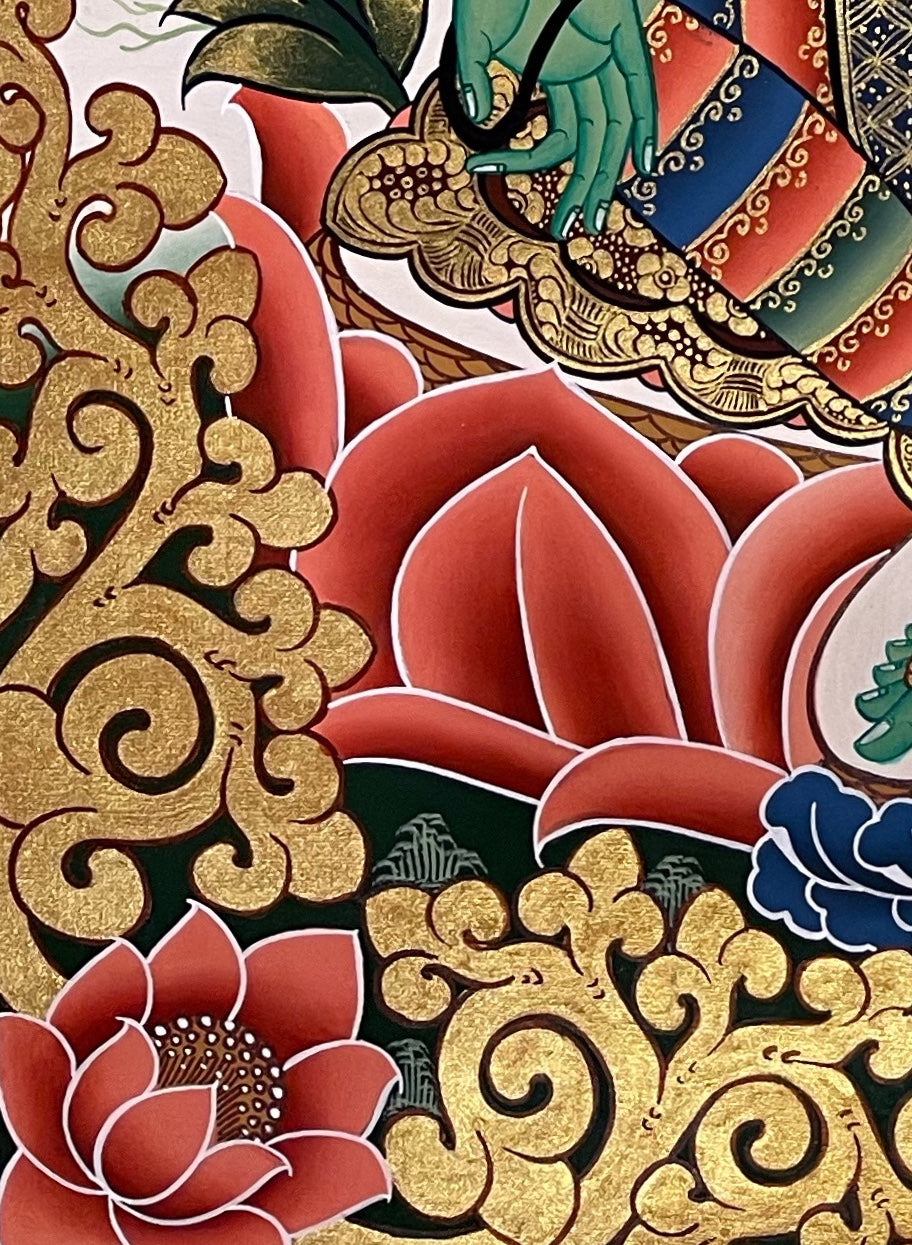 Green Tara thangka, detail: bottom-left corner