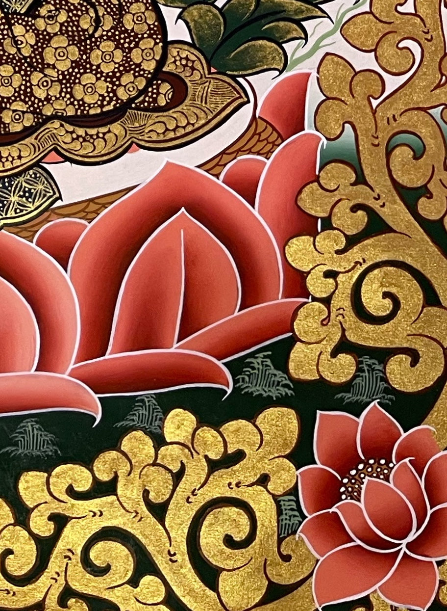 Green Tara thangka, detail: bottom-right corner