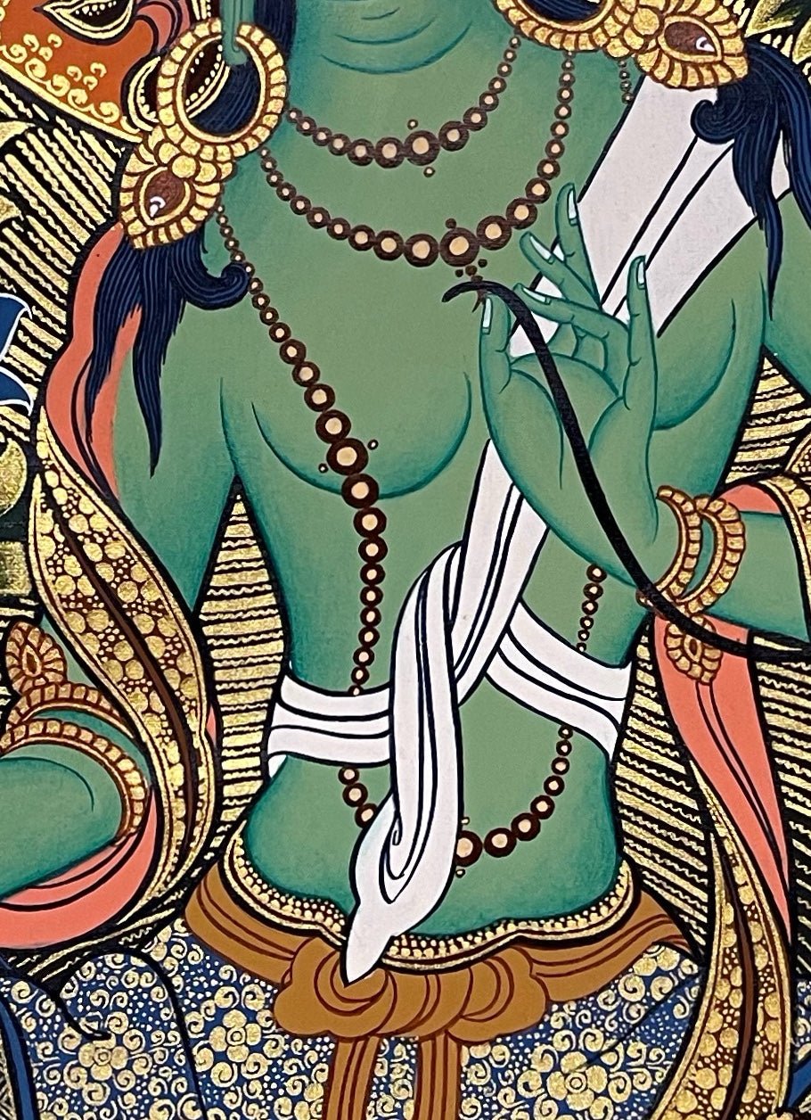 Green Tara thangka, detail: centre