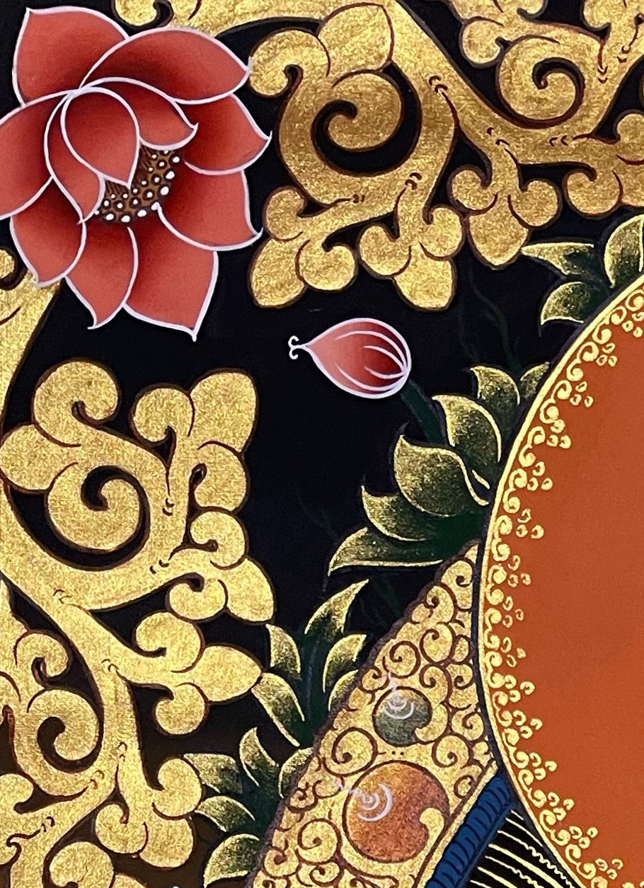 Green Tara thangka, detail: top-left corner